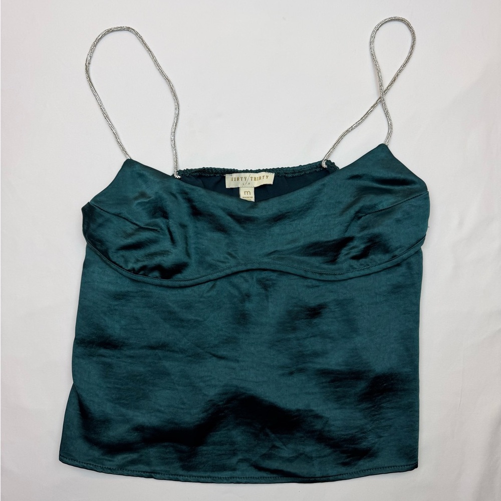 Thirty Thirty Satin Teal Rhinestone Strap Camisole Party Crop‎ Top M